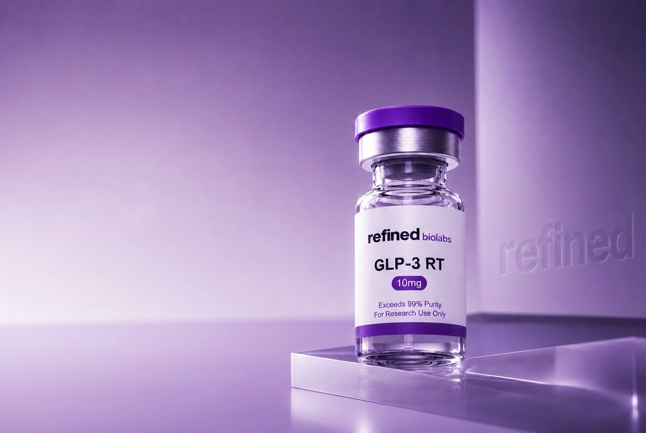 Refined Biolabs research vial on purple pedestal
